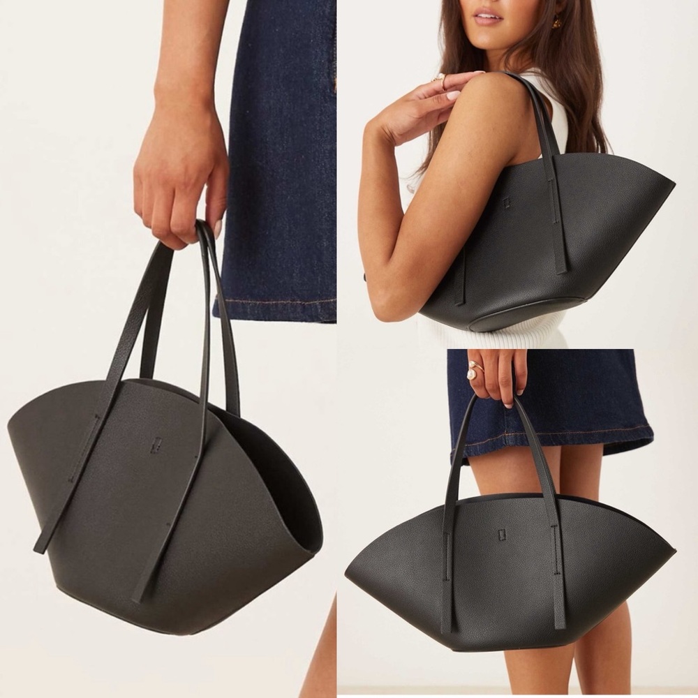 ASOS- Gina Tricot black faux leather wide top elongated shopper shoulder bag
